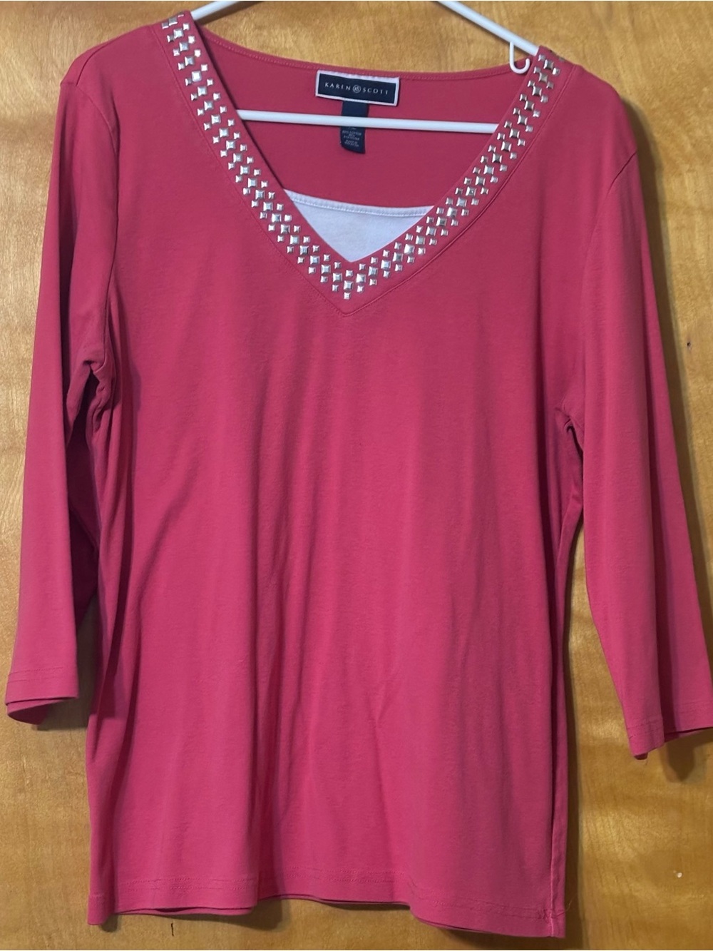 Karen Scott Fuchsia V-Neck Long Sleeve Top with Stud Accents